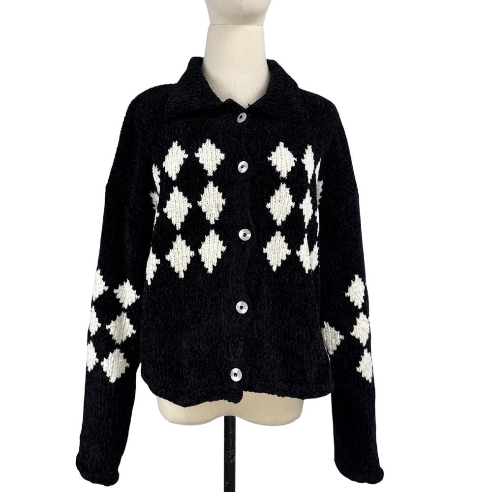 Vintage 80s Susina Argyle Cardigan Sweater Women's Med Black White Chunky Knit